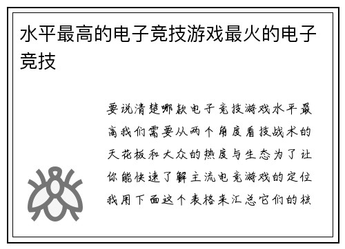 水平最高的电子竞技游戏最火的电子竞技